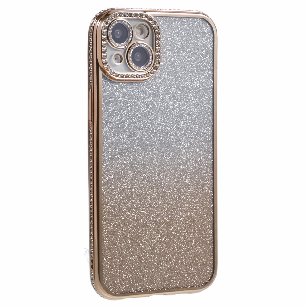 For iPhone 15 Case Camera Lens Guard Clear Phone Back Cover Rhinestone Decor With Glitter Paper - Gradient Gold