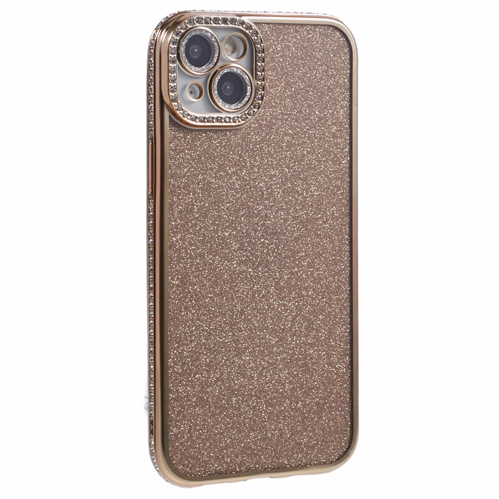 For iPhone 15 Case Camera Lens Guard Clear Phone Back Cover Rhinestone Decor With Glitter Paper - Gold
