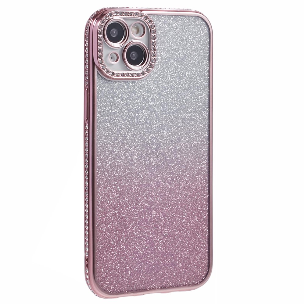 For iPhone 15 Case Camera Lens Guard Clear Phone Back Cover Rhinestone Decor With Glitter Paper - Gradient Pink