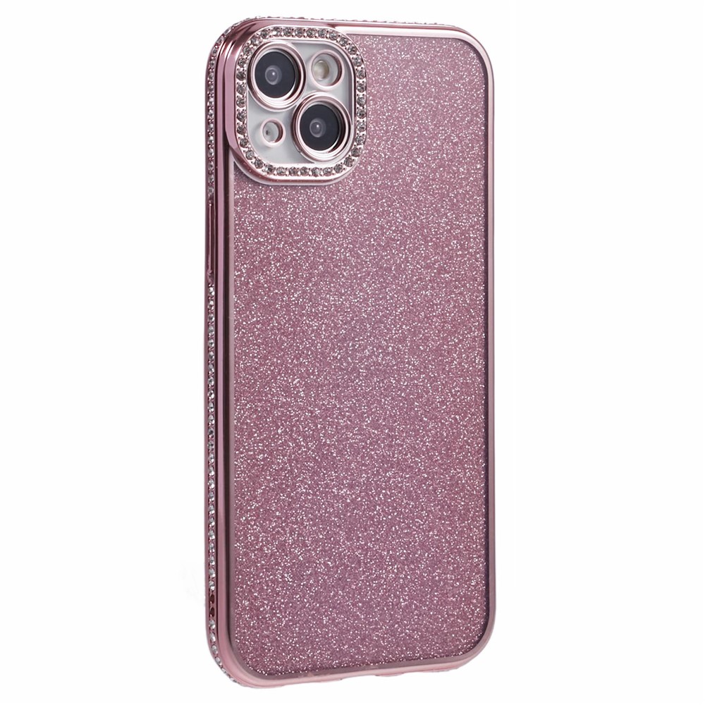 For iPhone 15 Case Camera Lens Guard Clear Phone Back Cover Rhinestone Decor With Glitter Paper - Pink