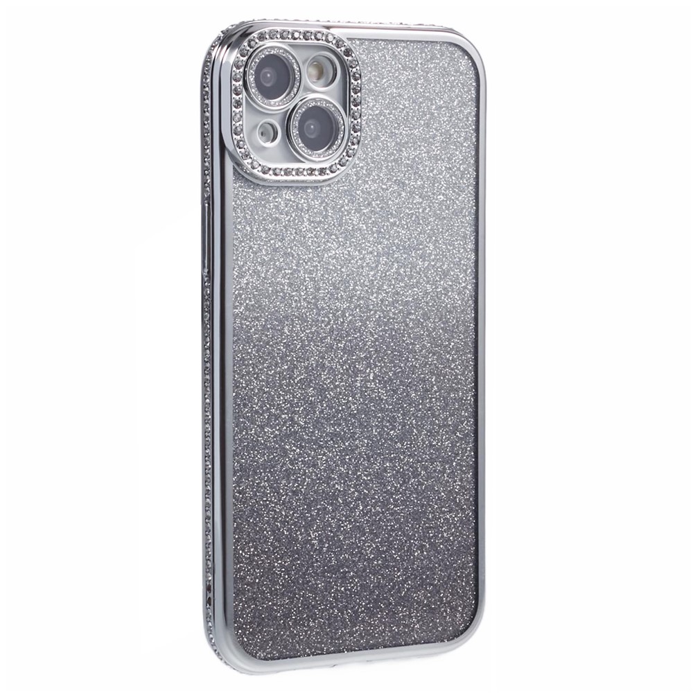 For iPhone 15 Case Camera Lens Guard Clear Phone Back Cover Rhinestone Decor With Glitter Paper - Gradient Silver