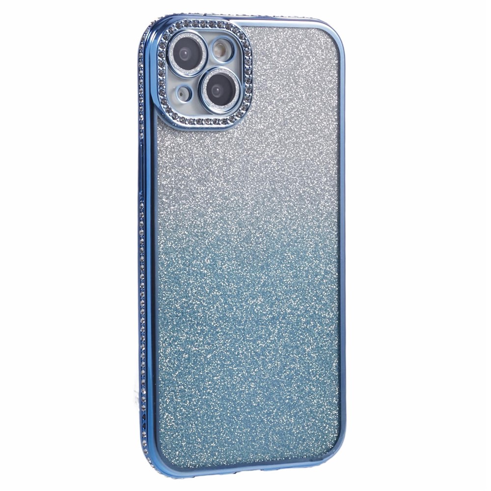 For iPhone 15 Case Camera Lens Guard Clear Phone Back Cover Rhinestone Decor With Glitter Paper - Gradient Blue