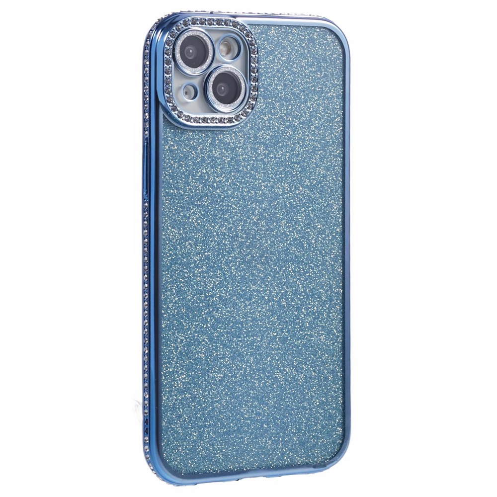 For iPhone 15 Case Camera Lens Guard Clear Phone Back Cover Rhinestone Decor With Glitter Paper - Blue