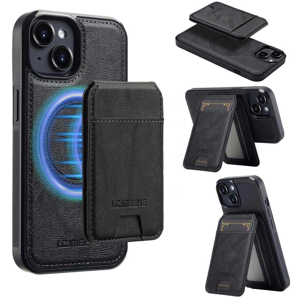 LC.IMEEKE L3 For iPhone 14 Magnetic Case Detachable Card Holder Leather+TPU Mobile Cover - Black