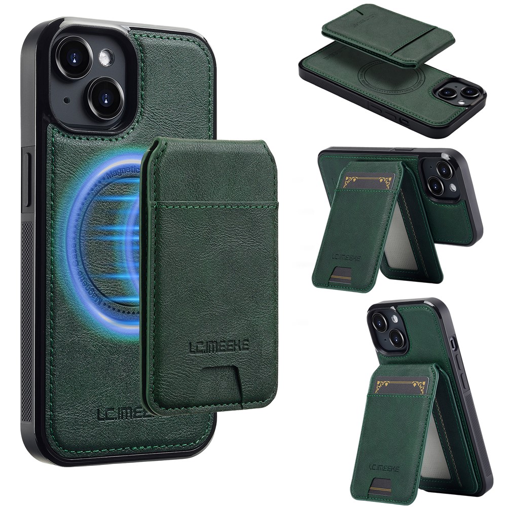 LC.IMEEKE L3 For iPhone 14 Magnetic Case Detachable Card Holder Leather+TPU Mobile Cover - Green