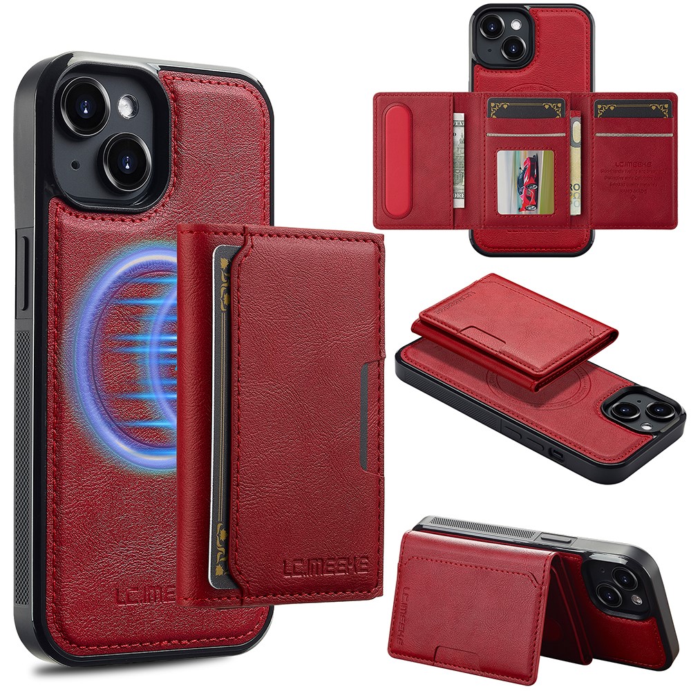 LC.IMEEKE L5 For iPhone 14 Magnetic Phone Case Leather Back Cover with Detachable Card Holder - Red