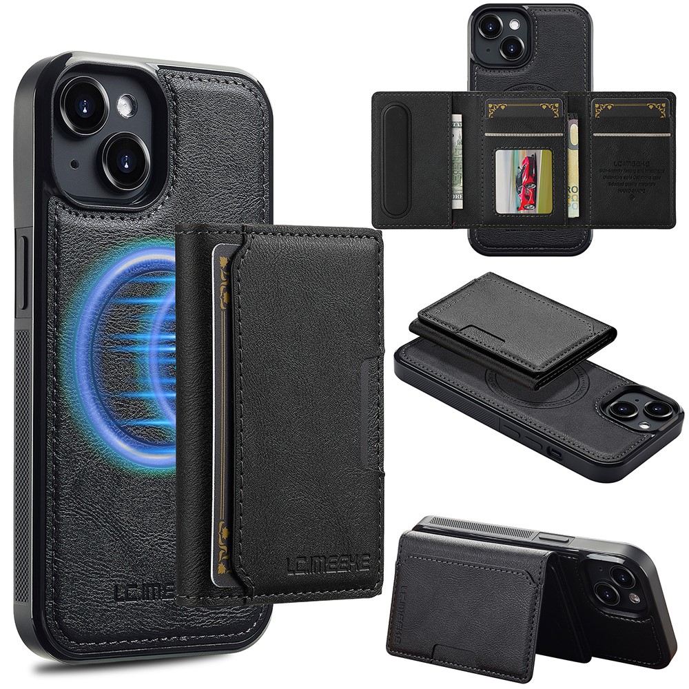 LC.IMEEKE L5 For iPhone 14 Magnetic Phone Case Leather Back Cover with Detachable Card Holder - Black