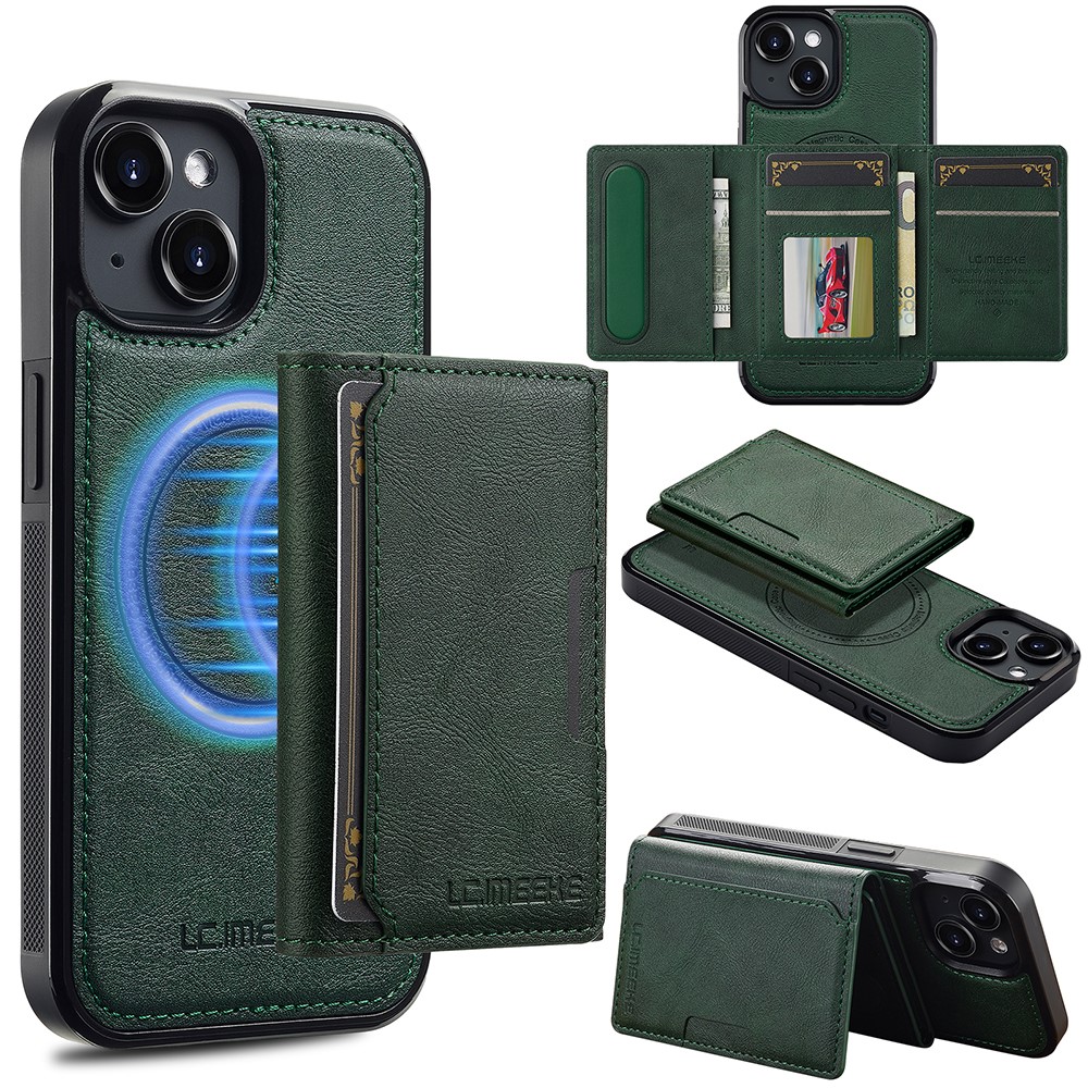 LC.IMEEKE L5 For iPhone 14 Magnetic Phone Case Leather Back Cover with Detachable Card Holder - Green
