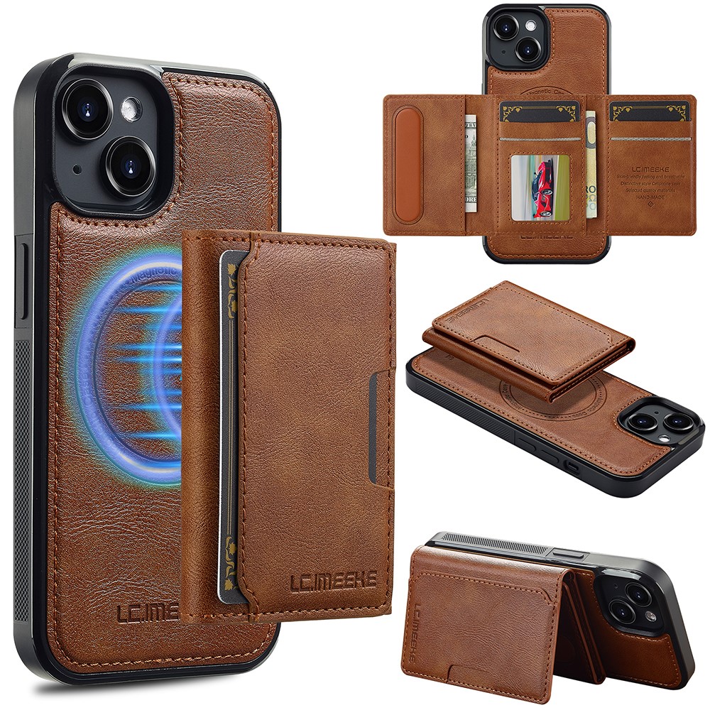 LC.IMEEKE L5 For iPhone 14 Magnetic Phone Case Leather Back Cover with Detachable Card Holder - Brown