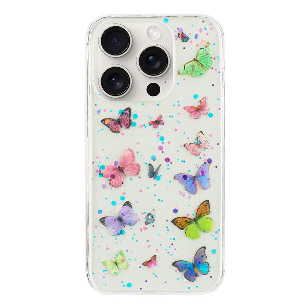 For iPhone 14 Pro Max Case Anti Drop TPU Phone Back Cover Epoxy Glitter Butterfly - Pink