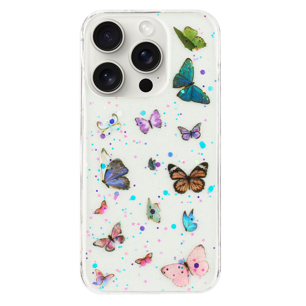 For iPhone 14 Pro Max Case Anti Drop TPU Phone Back Cover Epoxy Glitter Butterfly - Blue