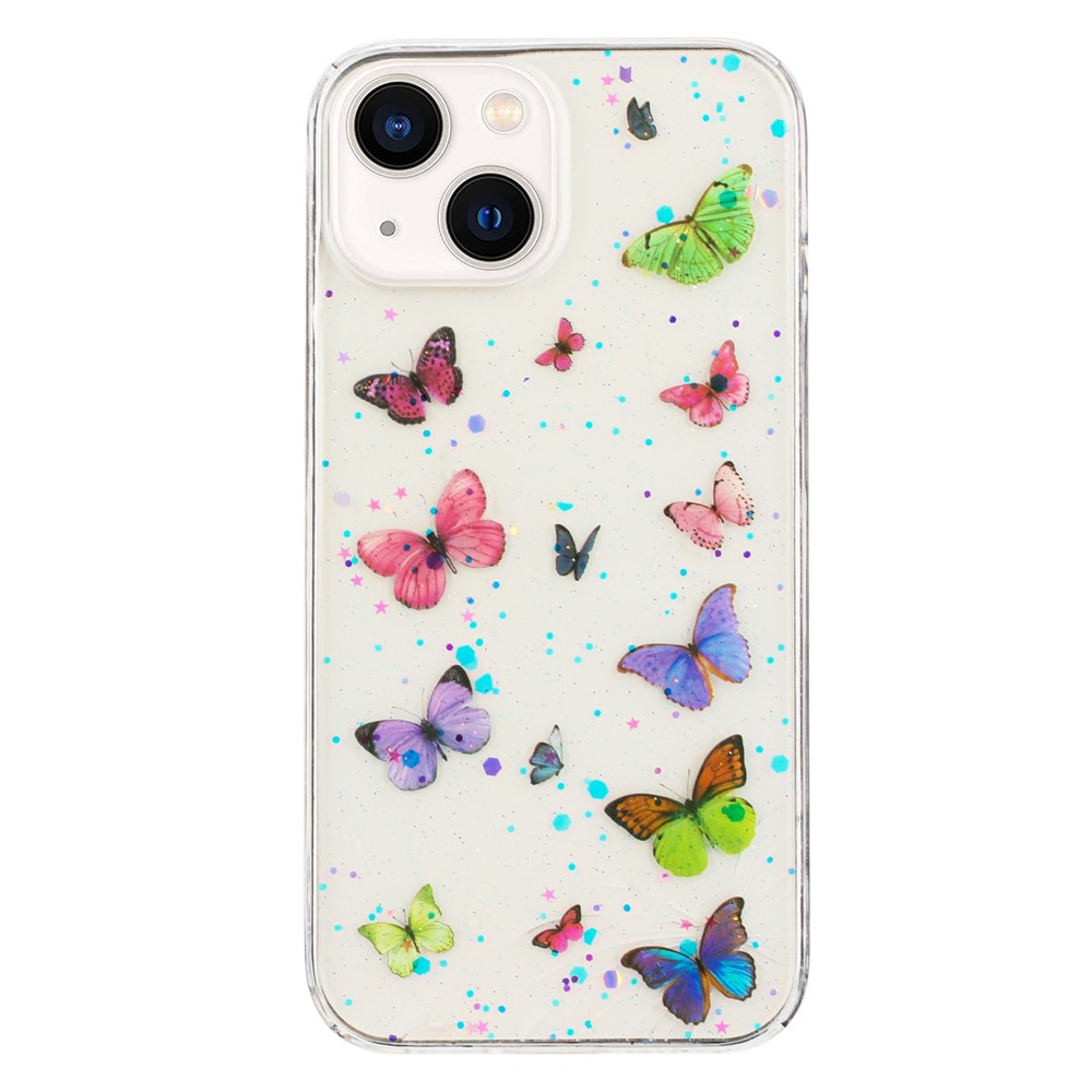 For iPhone 15 Case Anti Drop TPU Phone Back Cover Epoxy Glitter Butterfly - Pink