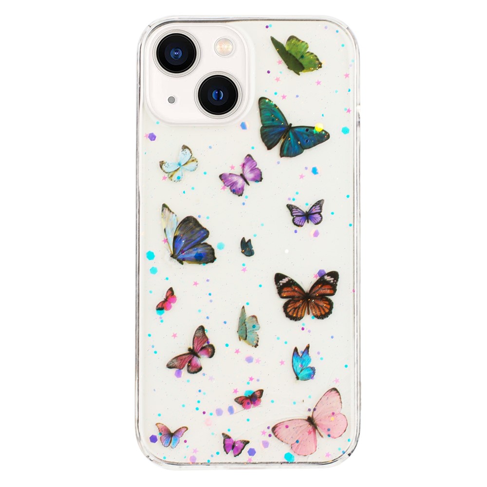 For iPhone 15 Case Anti Drop TPU Phone Back Cover Epoxy Glitter Butterfly - Blue