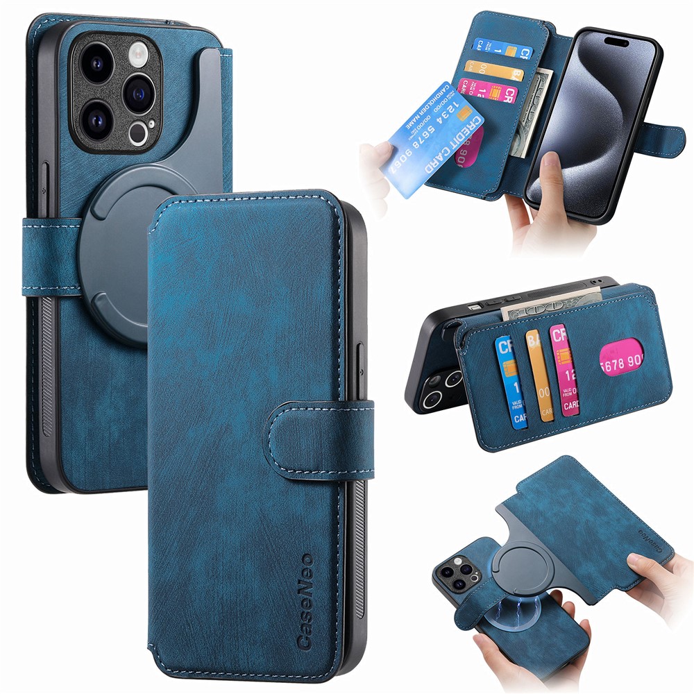 CASENEO MW-03 For iPhone 14 Pro Case with Detachable Wallet Leather+TPU Phone Cover - Dark Blue
