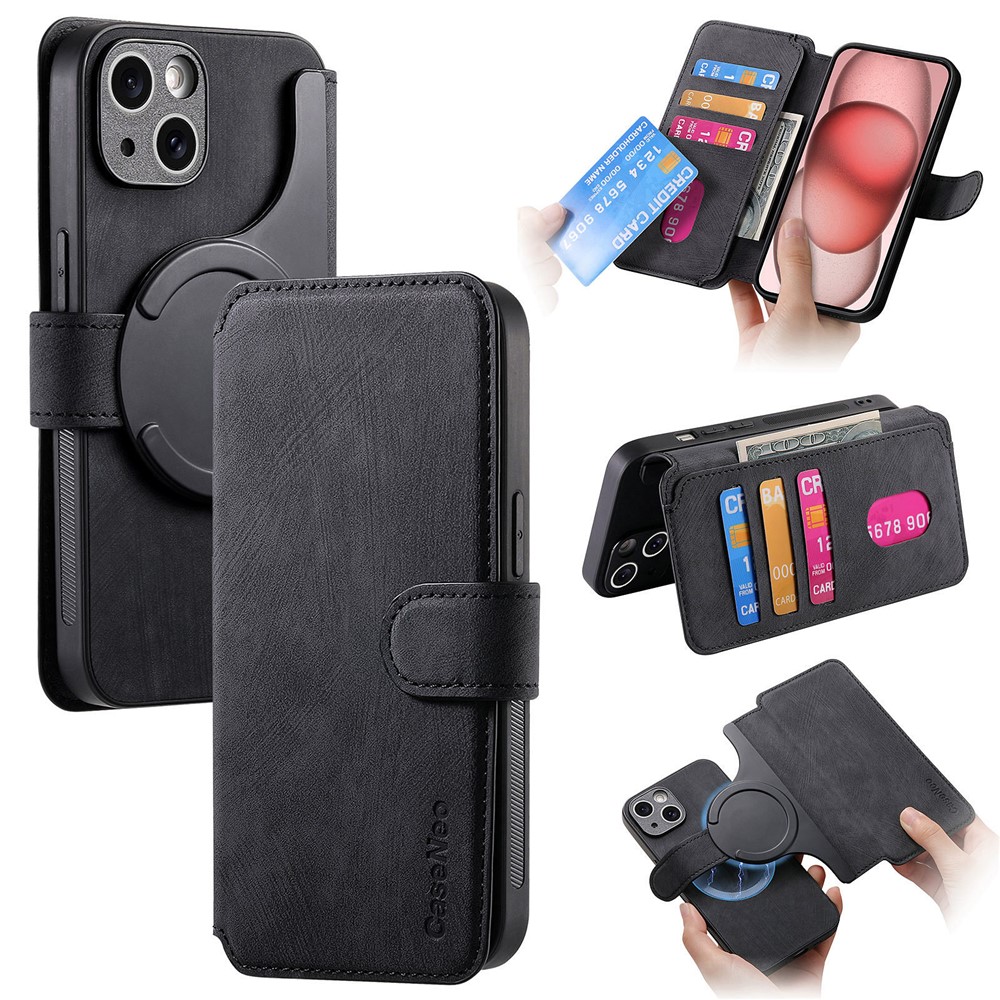 CASENEO MW-03 For iPhone 14 Case with Detachable Wallet Leather+TPU Phone Cover - Black