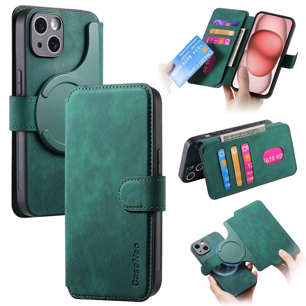 CASENEO MW-03 For iPhone 14 Plus Case with Detachable Wallet Leather+TPU Phone Cover - Green