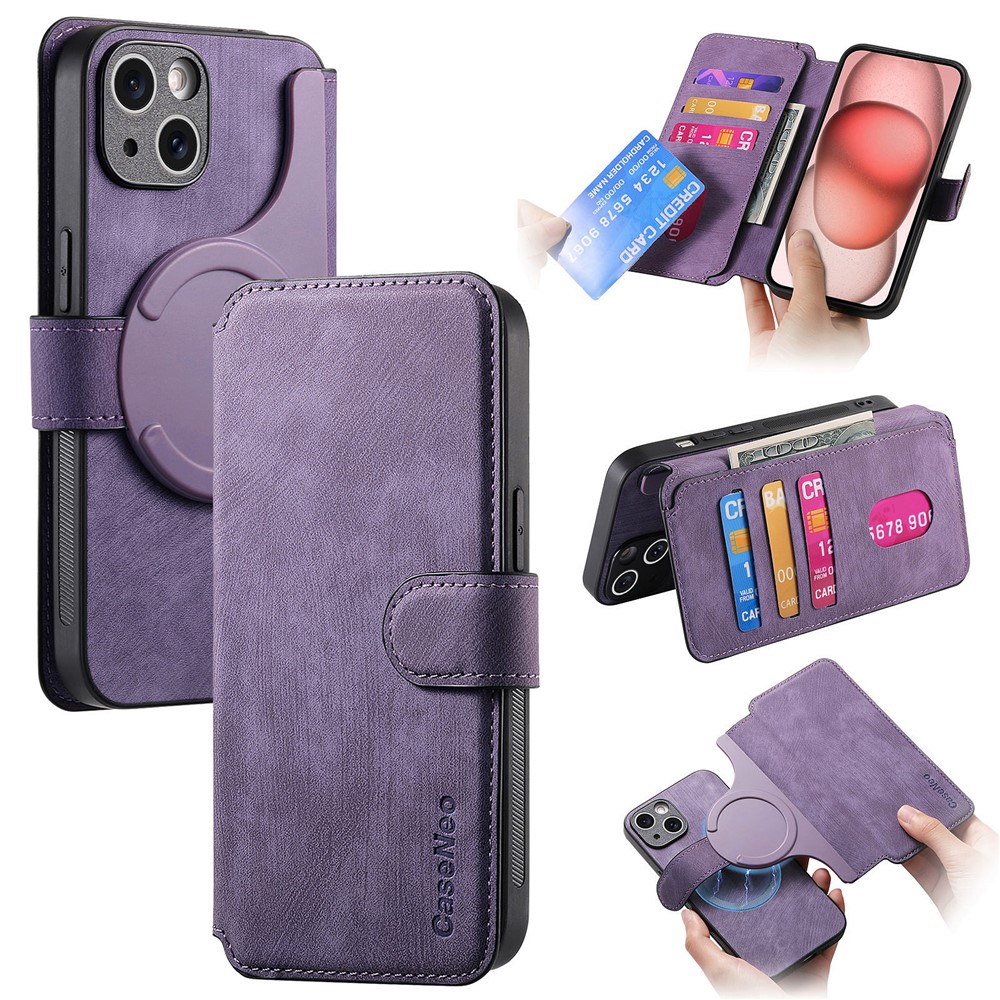 CASENEO MW-03 For iPhone 14 Plus Case with Detachable Wallet Leather+TPU Phone Cover - Purple