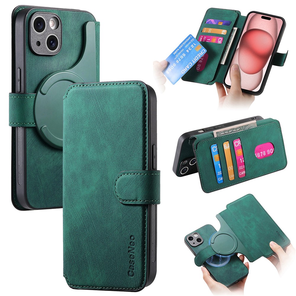 CASENEO MW-03 For iPhone 15 Plus Case with Detachable Wallet Leather+TPU Phone Cover - Green