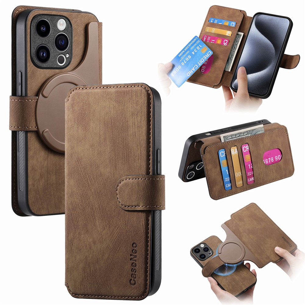 CASENEO MW-03 For iPhone 13 Pro Max Case with Detachable Wallet Leather+TPU Phone Cover - Brown