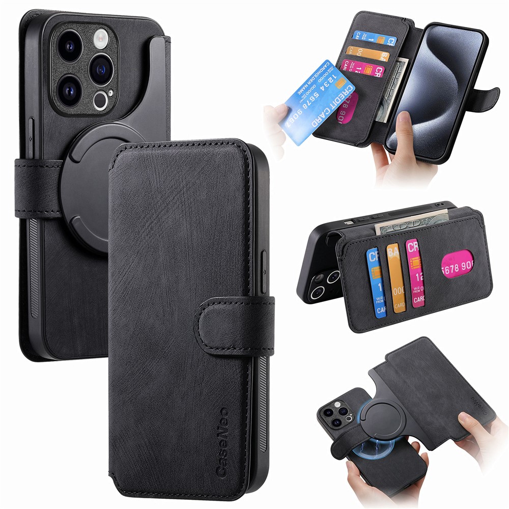 CASENEO MW-03 For iPhone 13 Pro Max Case with Detachable Wallet Leather+TPU Phone Cover - Black