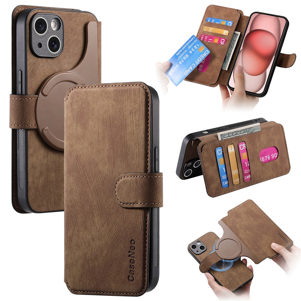 CASENEO MW-03 For iPhone 13 Case with Detachable Wallet Leather+TPU Phone Cover - Brown