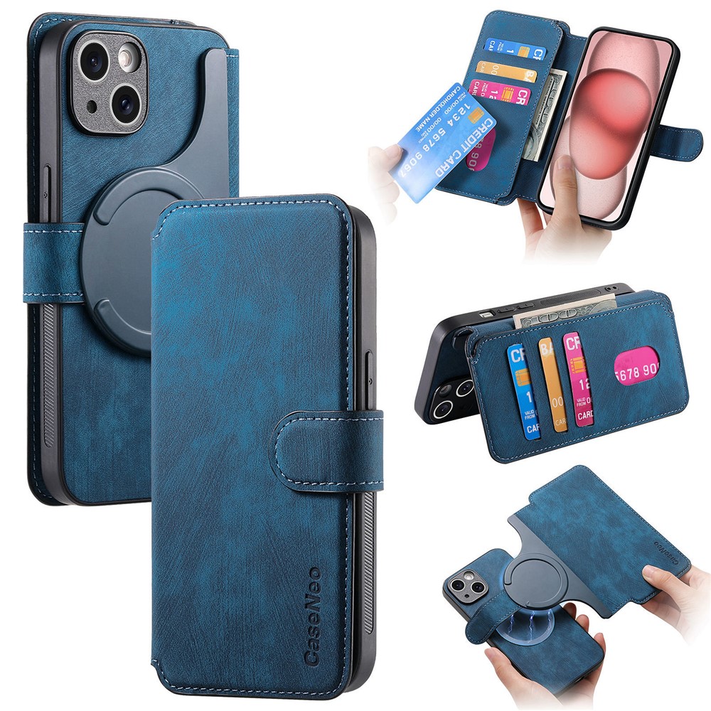 CASENEO MW-03 For iPhone 13 Case with Detachable Wallet Leather+TPU Phone Cover - Dark Blue