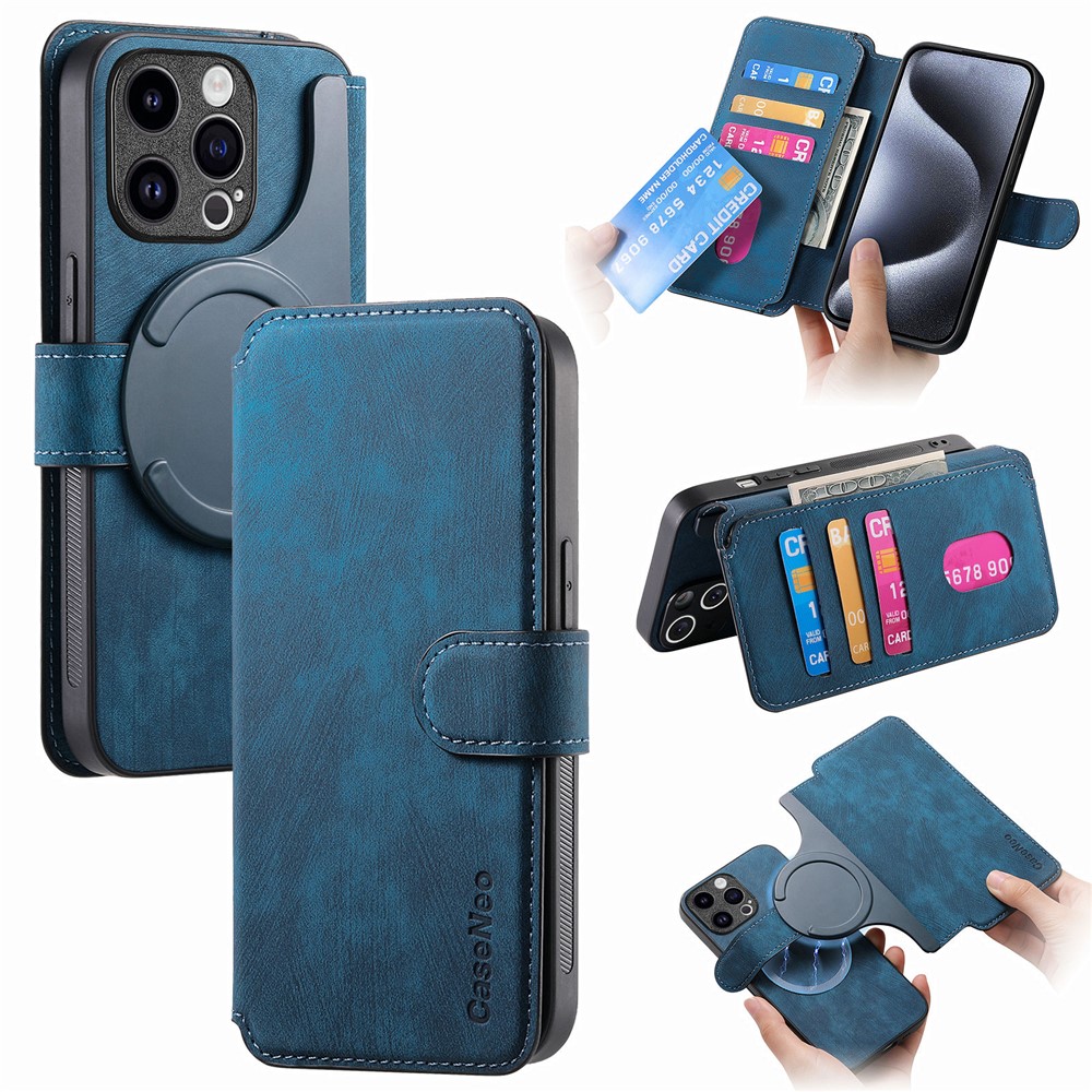 CASENEO MW-03 For iPhone 13 Pro Case with Detachable Wallet Leather+TPU Phone Cover - Dark Blue