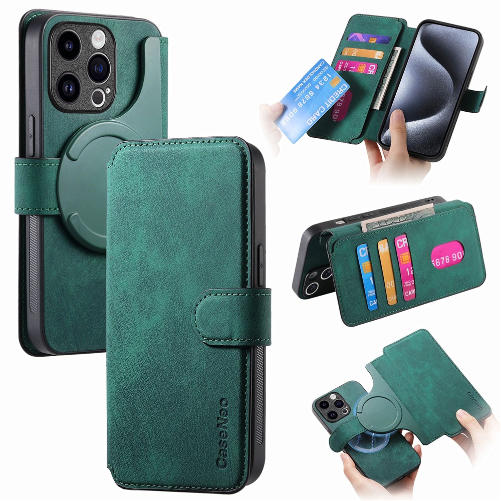 CASENEO MW-03 For iPhone 13 Pro Case with Detachable Wallet Leather+TPU Phone Cover - Green