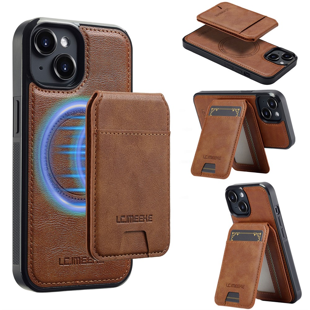 LC.IMEEKE L3 For iPhone 14 Plus Magnetic Case Detachable Card Holder Leather TPU Mobile Cover - Brown