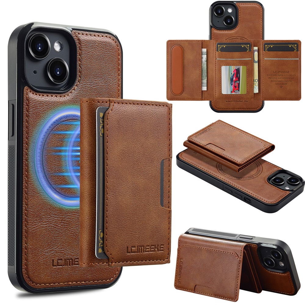 LC.IMEEKE L5 For iPhone 14 Plus Magnetic Phone Case Leather Back Cover with Detachable Card Holder - Brown