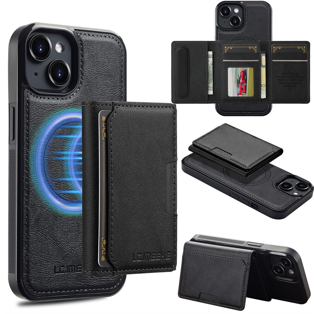 LC.IMEEKE L5 For iPhone 13 mini Magnetic Phone Case Leather Back Cover with Detachable Card Holder - Black