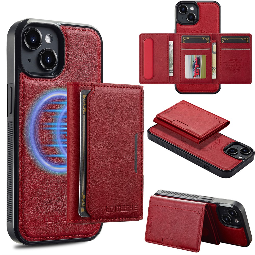 LC.IMEEKE L5 For iPhone 13 mini Magnetic Phone Case Leather Back Cover with Detachable Card Holder - Red