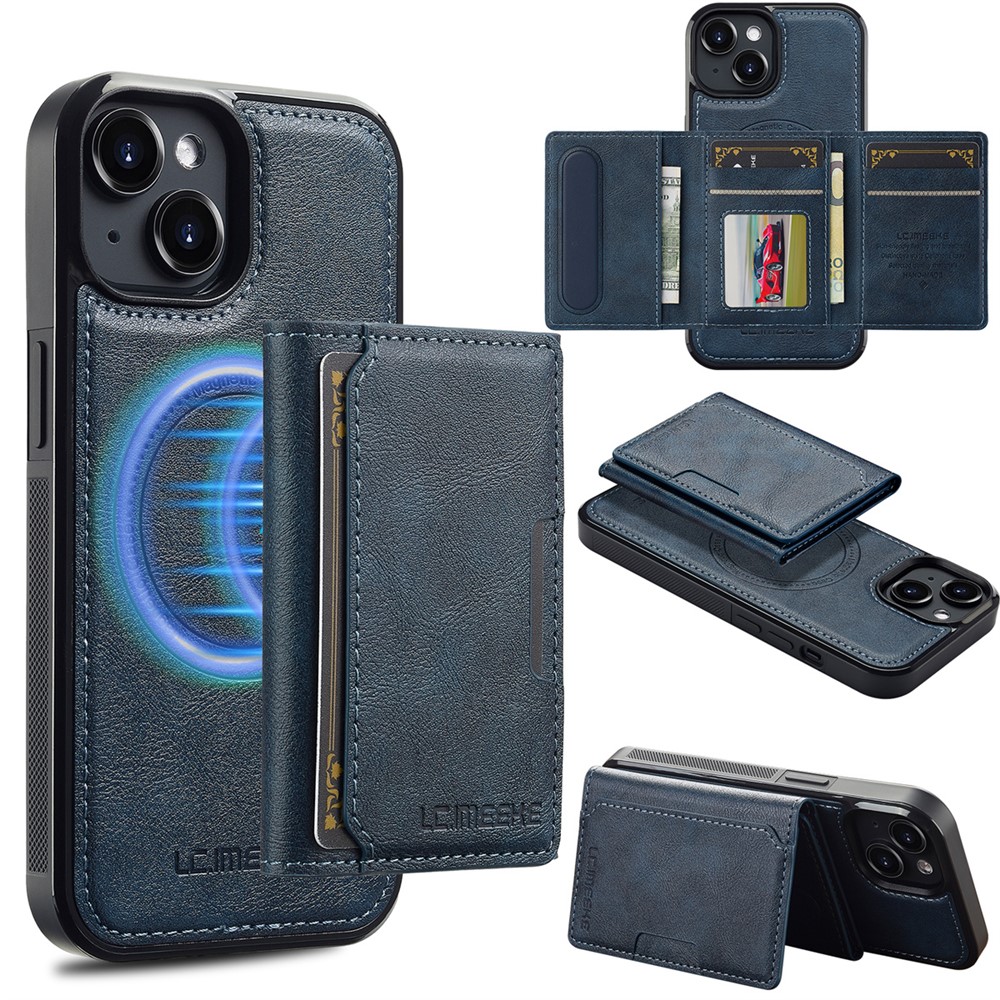 LC.IMEEKE L5 For iPhone 13 mini Magnetic Phone Case Leather Back Cover with Detachable Card Holder - Blue