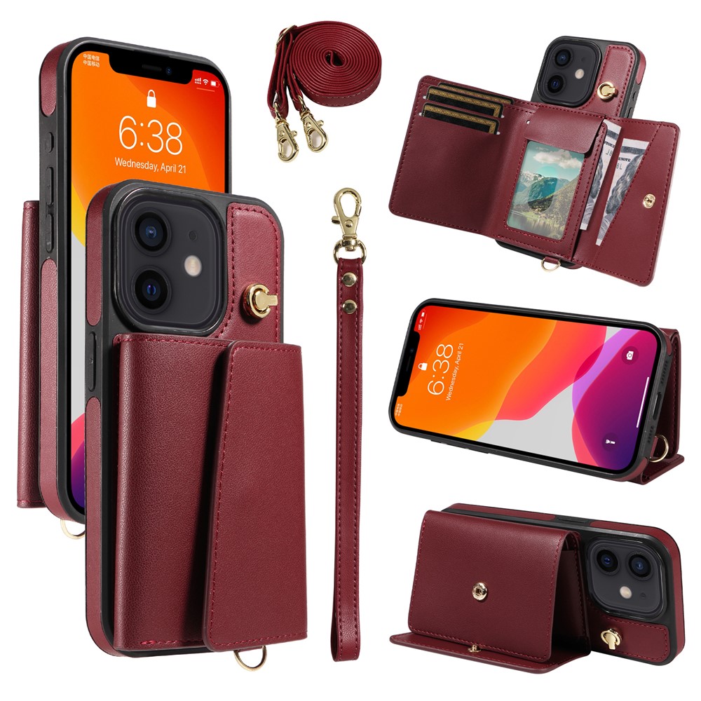 For iPhone 12 Pro / 12 Crossbody Phone Case Card Holder Kickstand Leather Coated TPU Mobile Cover - Wine Red