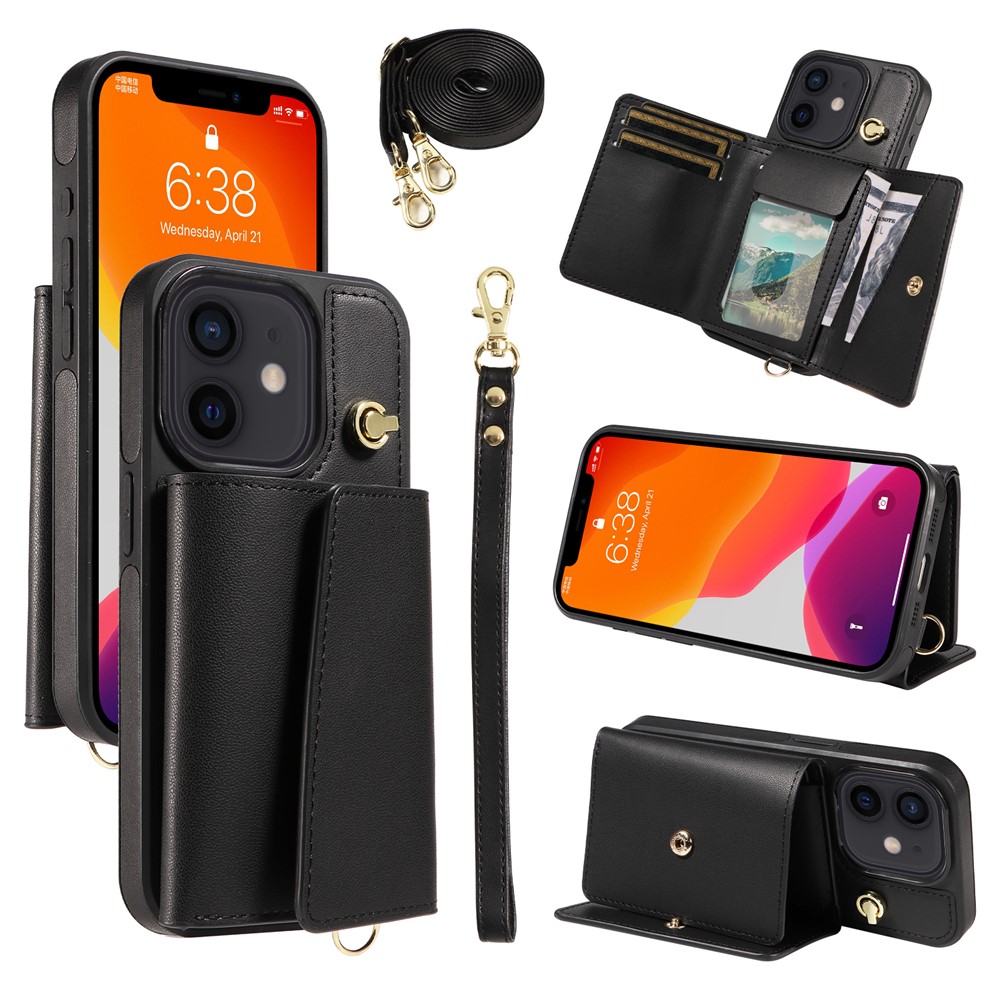 For iPhone 12 Pro / 12 Crossbody Phone Case Card Holder Kickstand Leather Coated TPU Mobile Cover - Black