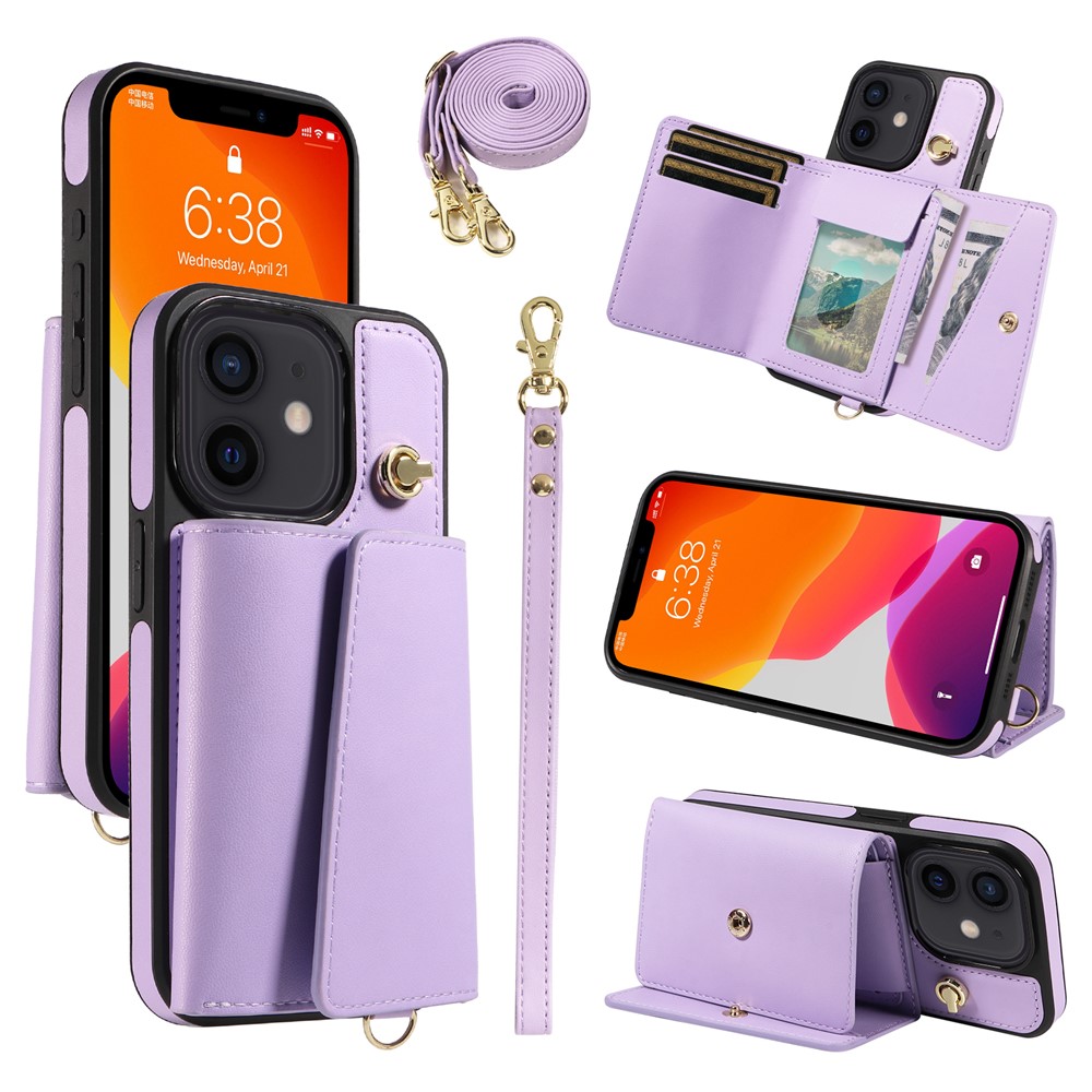 For iPhone 12 Pro / 12 Crossbody Phone Case Card Holder Kickstand Leather Coated TPU Mobile Cover - Purple