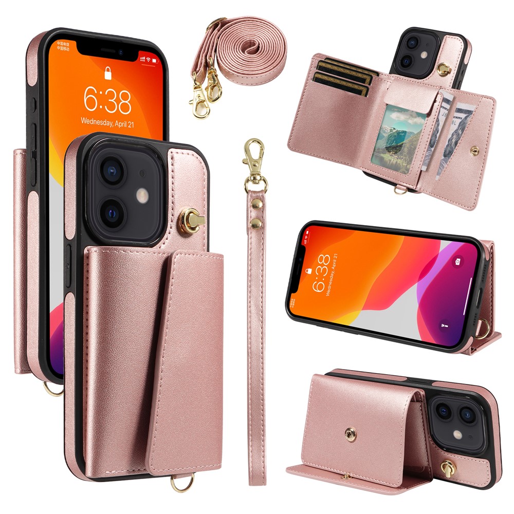 For iPhone 12 Pro / 12 Crossbody Phone Case Card Holder Kickstand Leather Coated TPU Mobile Cover - Rose Gold