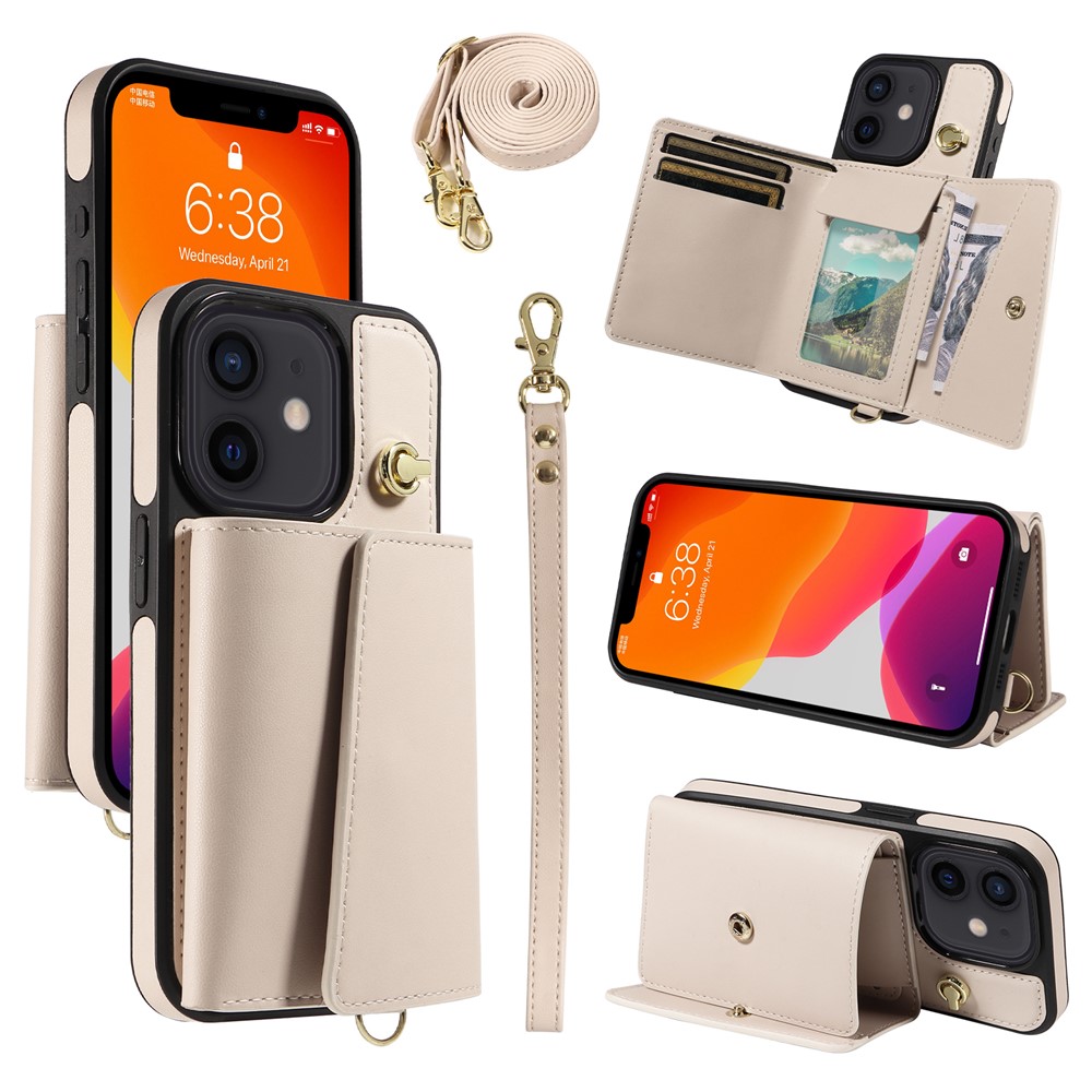 For iPhone 12 Pro / 12 Crossbody Phone Case Card Holder Kickstand Leather Coated TPU Mobile Cover - Beige