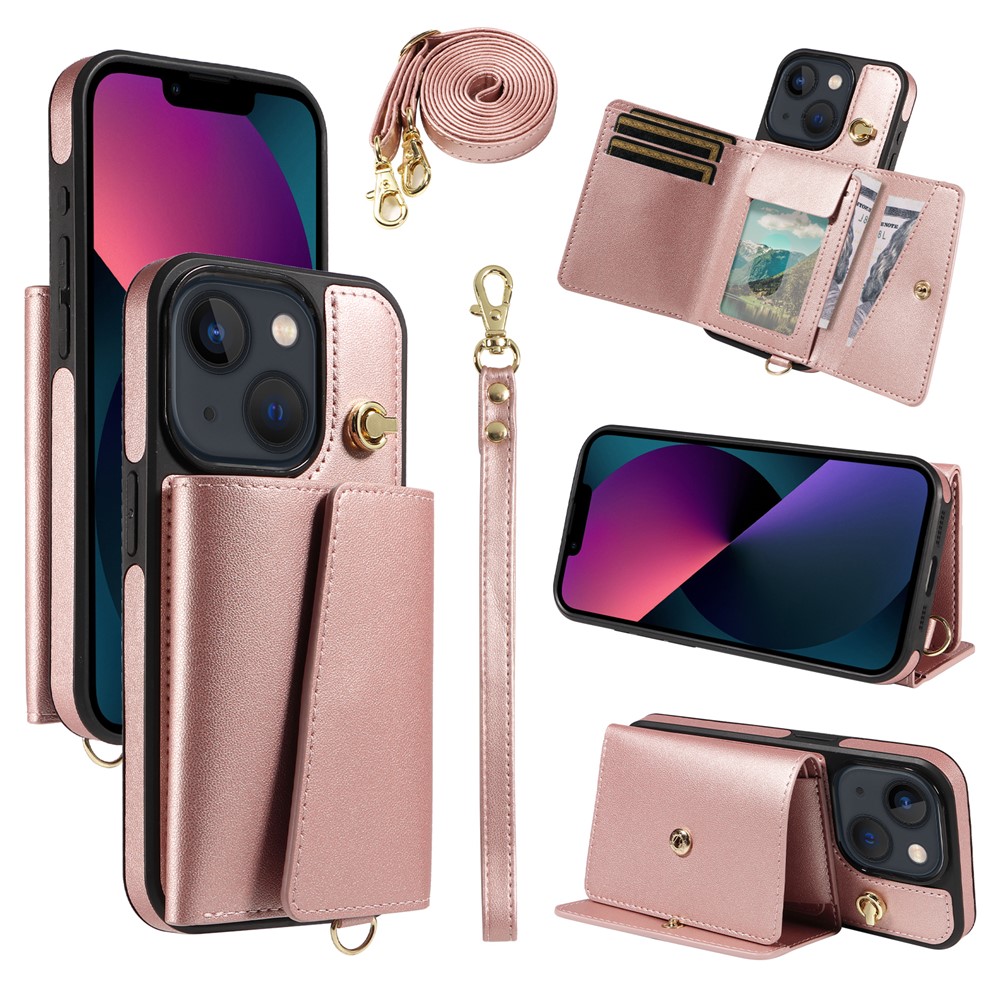For iPhone 14 / 13 Crossbody Phone Case Card Holder Kickstand Leather Coated TPU Mobile Cover - Rose Gold