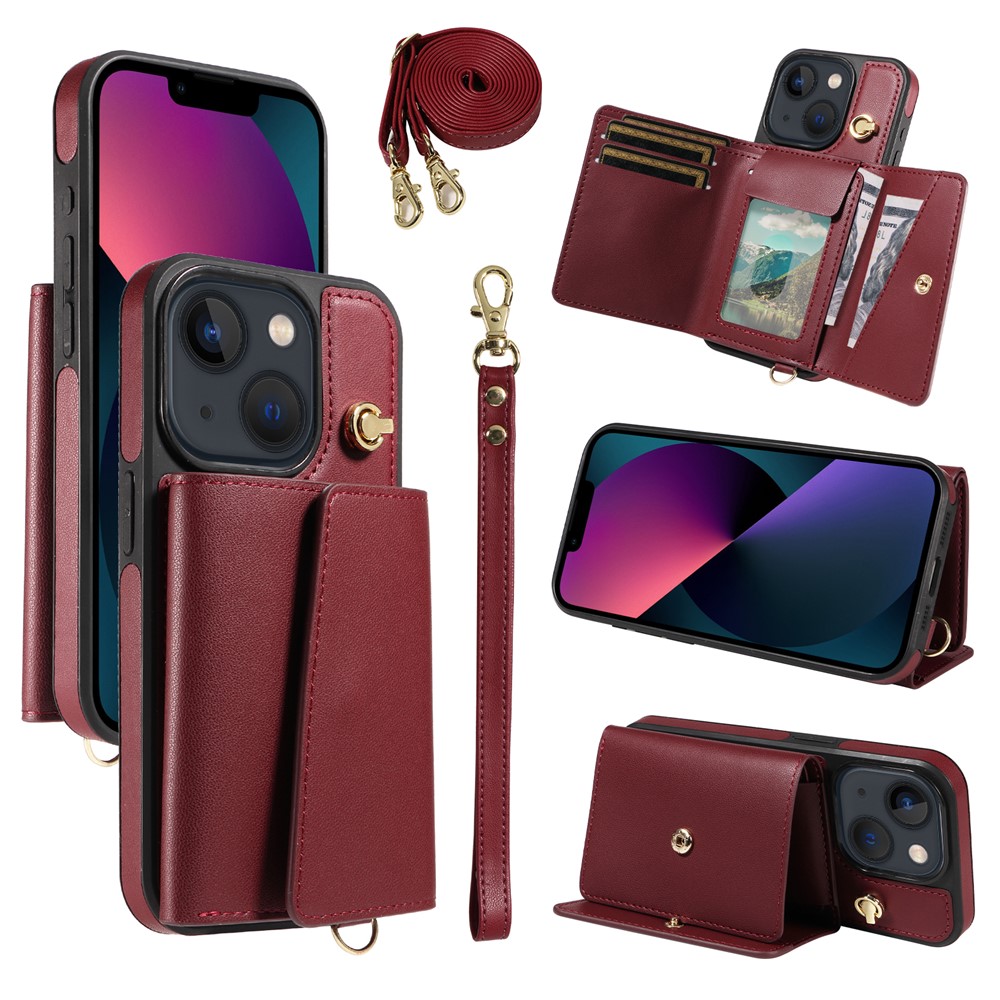 For iPhone 14 / 13 Crossbody Phone Case Card Holder Kickstand Leather Coated TPU Mobile Cover - Wine Red