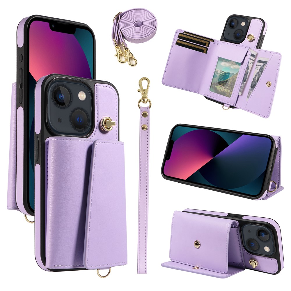 For iPhone 14 / 13 Crossbody Phone Case Card Holder Kickstand Leather Coated TPU Mobile Cover - Purple