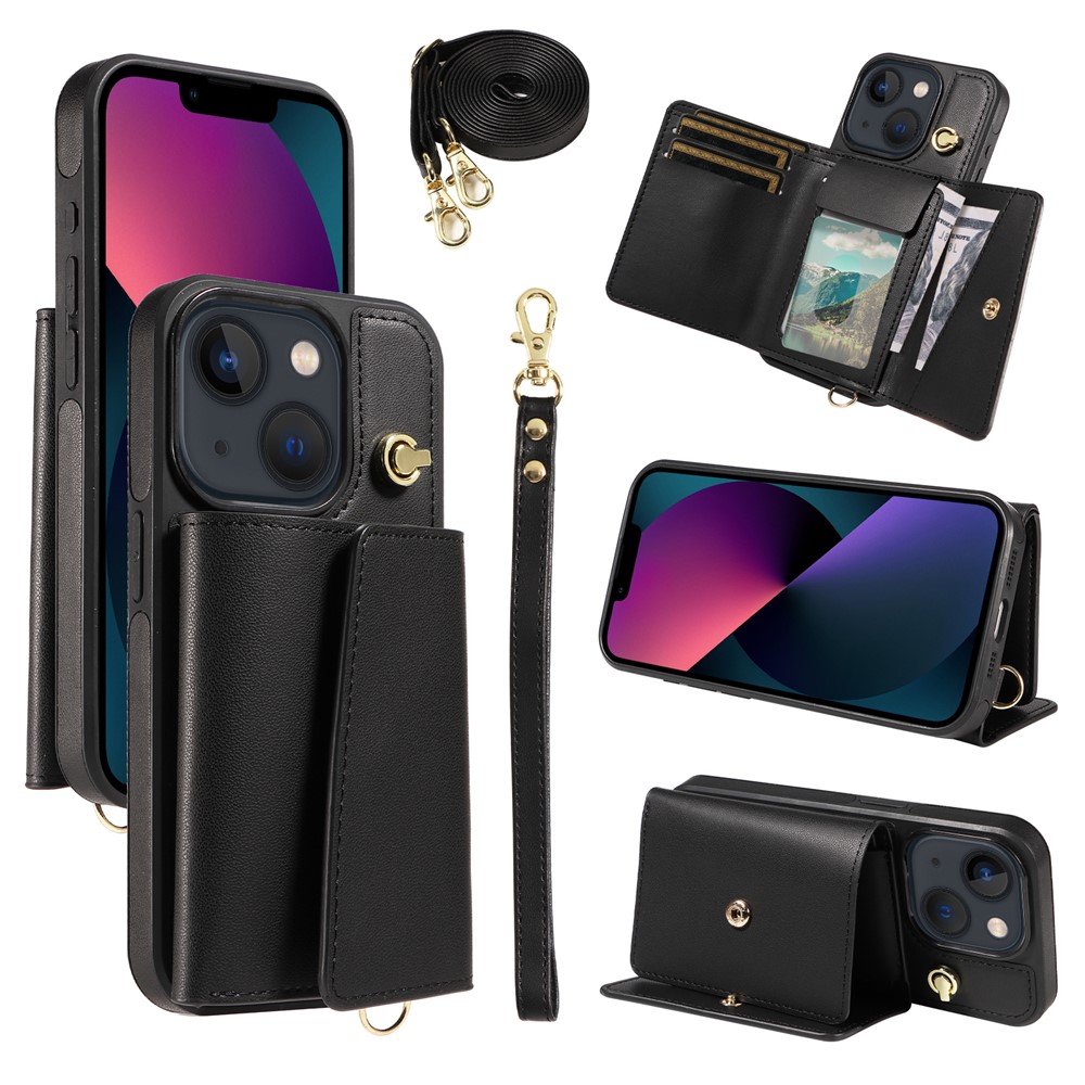 For iPhone 14 / 13 Crossbody Phone Case Card Holder Kickstand Leather Coated TPU Mobile Cover - Black