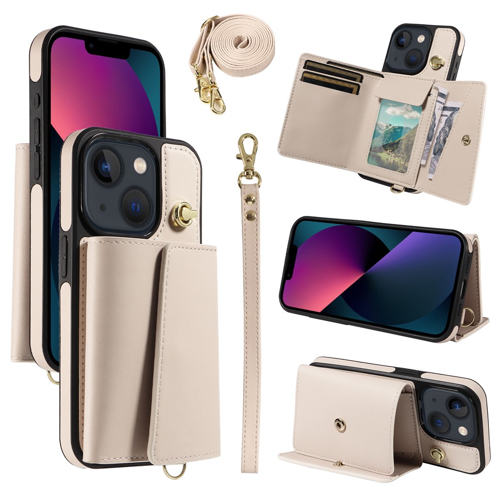 For iPhone 14 / 13 Crossbody Phone Case Card Holder Kickstand Leather Coated TPU Mobile Cover - Beige