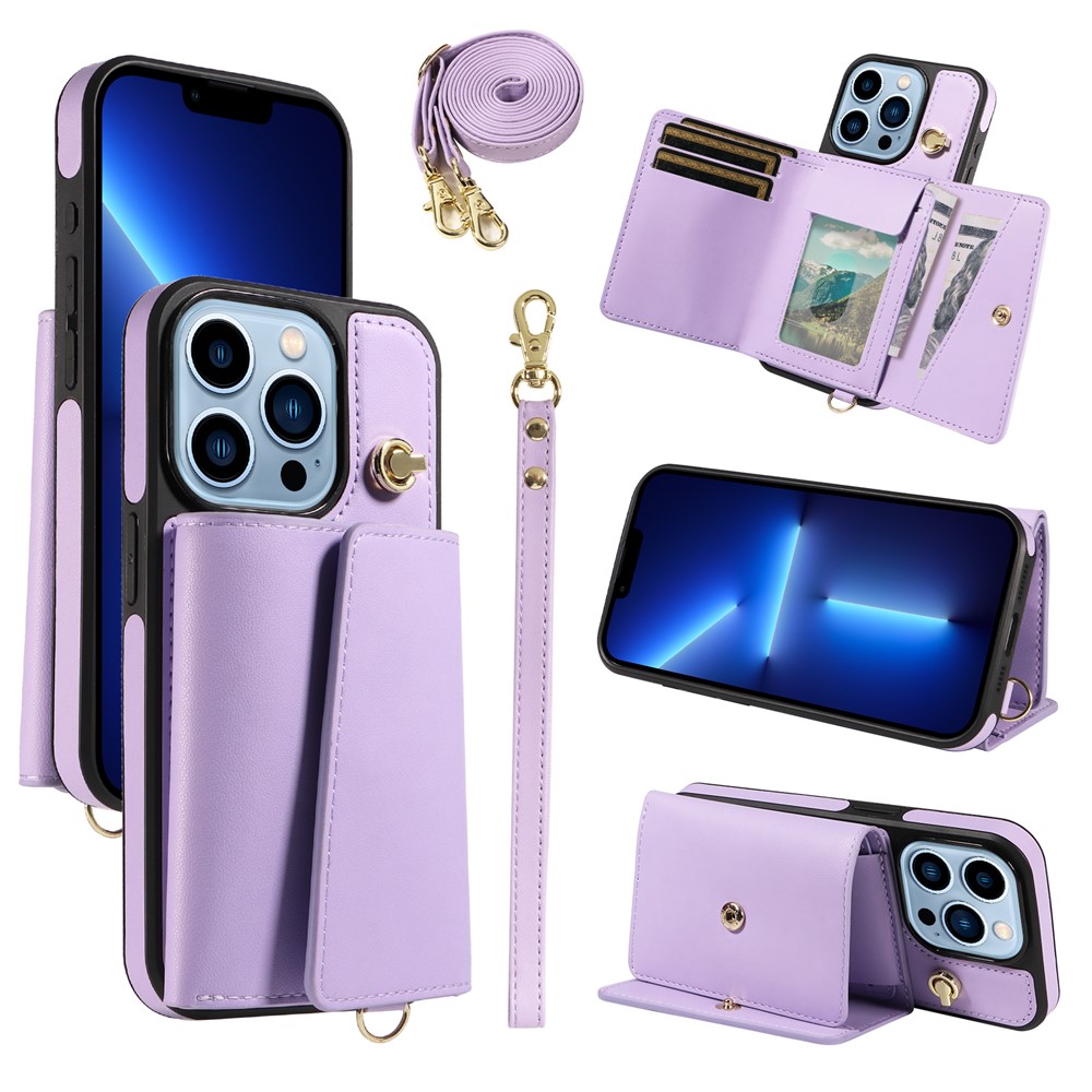 For iPhone 13 Pro Crossbody Phone Case Card Holder Kickstand Leather Coated TPU Mobile Cover - Purple