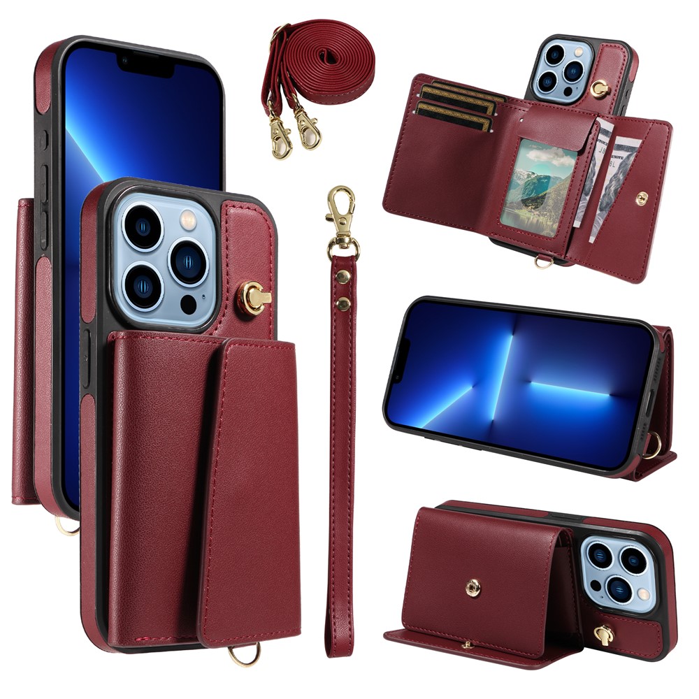 For iPhone 13 Pro Crossbody Phone Case Card Holder Kickstand Leather Coated TPU Mobile Cover - Wine Red