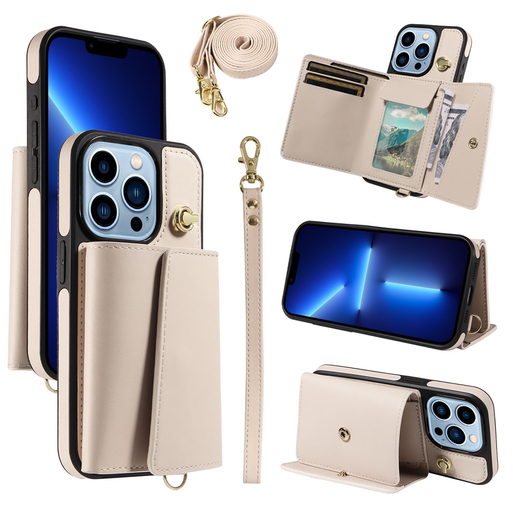 For iPhone 13 Pro Crossbody Phone Case Card Holder Kickstand Leather Coated TPU Mobile Cover - Beige