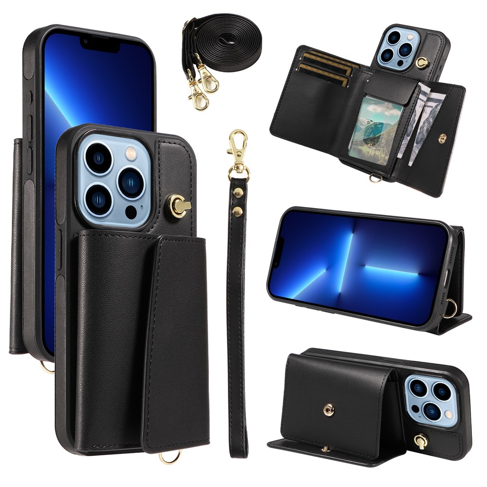 For iPhone 13 Pro Crossbody Phone Case Card Holder Kickstand Leather Coated TPU Mobile Cover - Black