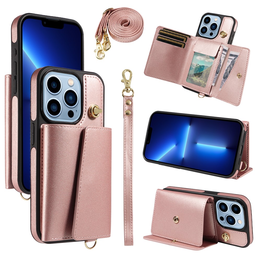 For iPhone 13 Pro Max Crossbody Phone Case Card Holder Kickstand Leather Coated TPU Mobile Cover - Rose Gold