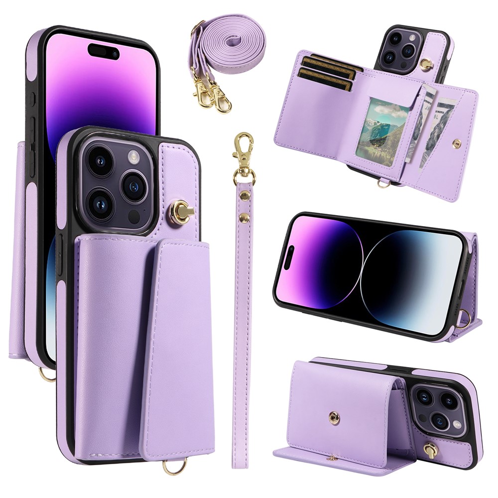 For iPhone 14 Pro Max Crossbody Wallet Phone Case Multi Card Slots Photo Frame Long Strap 1.2M - Purple