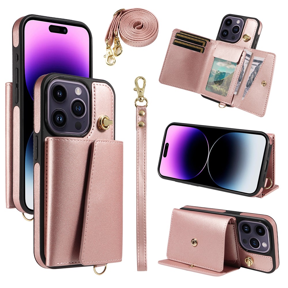 For iPhone 14 Pro Max Crossbody Wallet Phone Case Multi Card Slots Photo Frame Long Strap 1.2M - Rose Gold